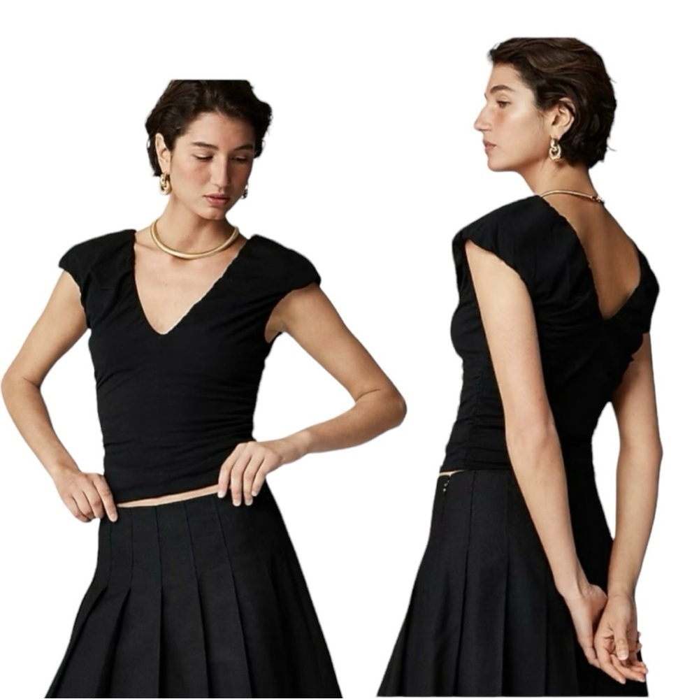 J Crew Ruched V-neck top in stretch cotton blend in Black CA527 NEW